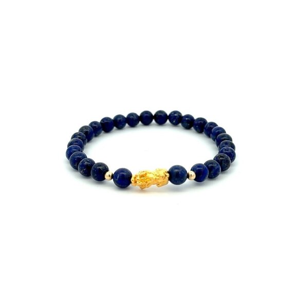 18K Gold Dragon Pixiu Piyao Lucky Bracelet Beads Gemstone Lapis Lazuli 6mm - Picture 1 of 5